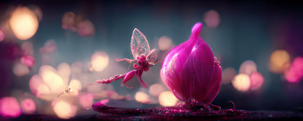 Fairy with transparent wings hovering beside a striking pink flower in mystical night setting.